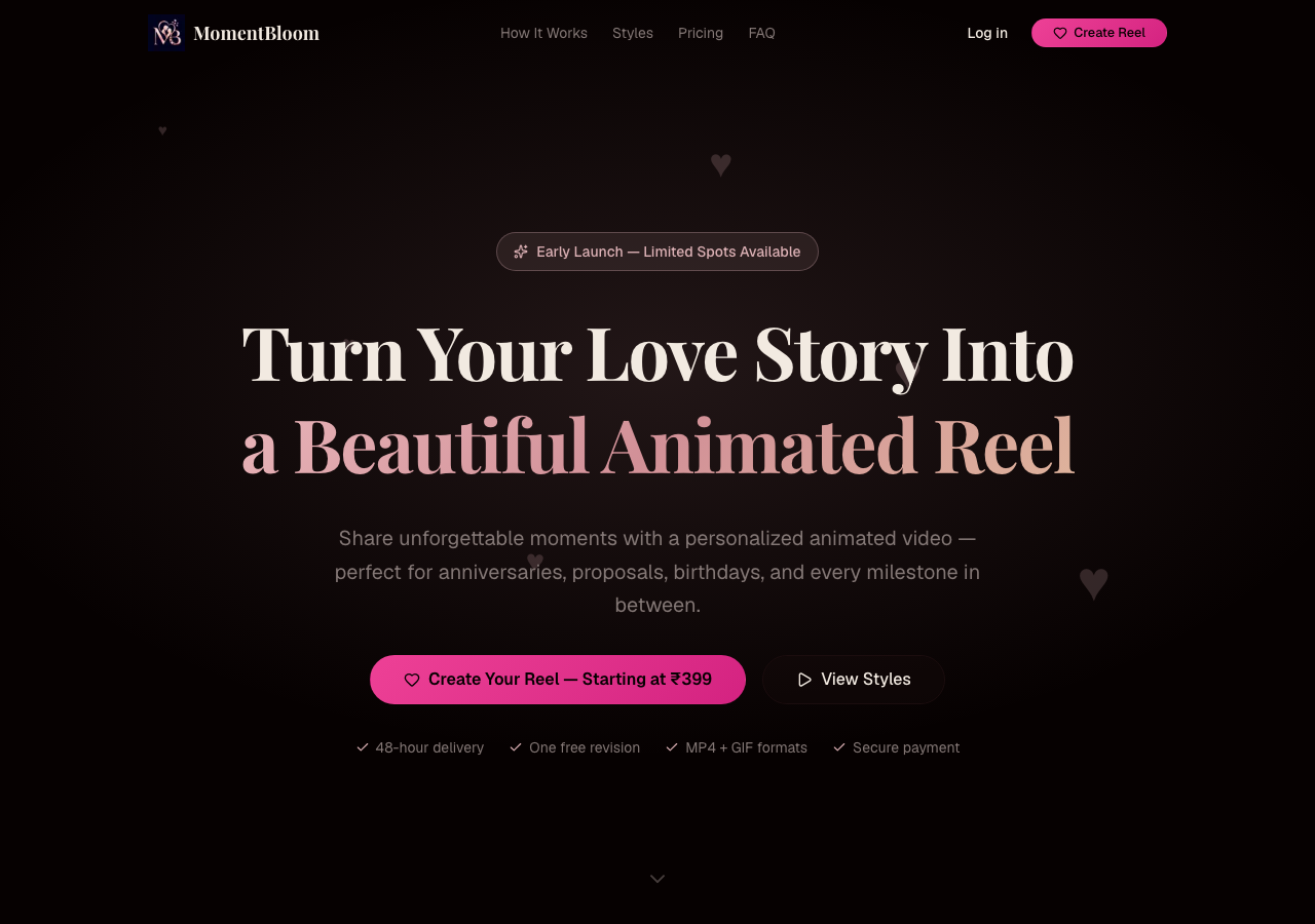Screenshot of the public momentbloom website showing its personalized animated reel offering