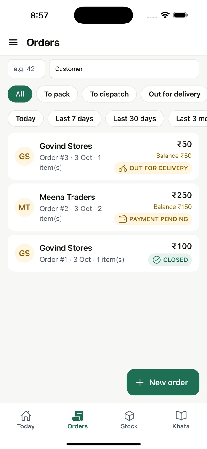 MyDukaan orders filtered by packing, dispatch and delivery status