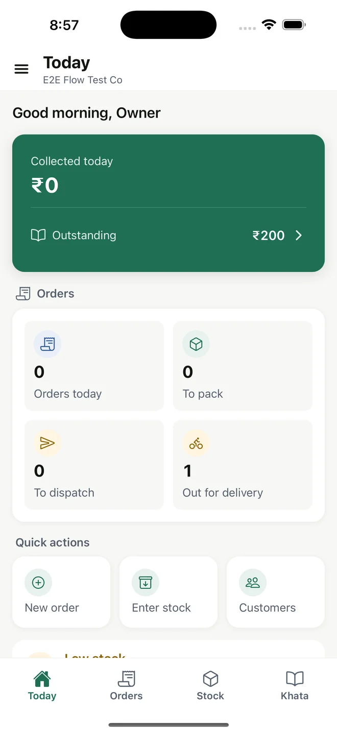 MyDukaan Today dashboard with sample shop collections, dues, and orders