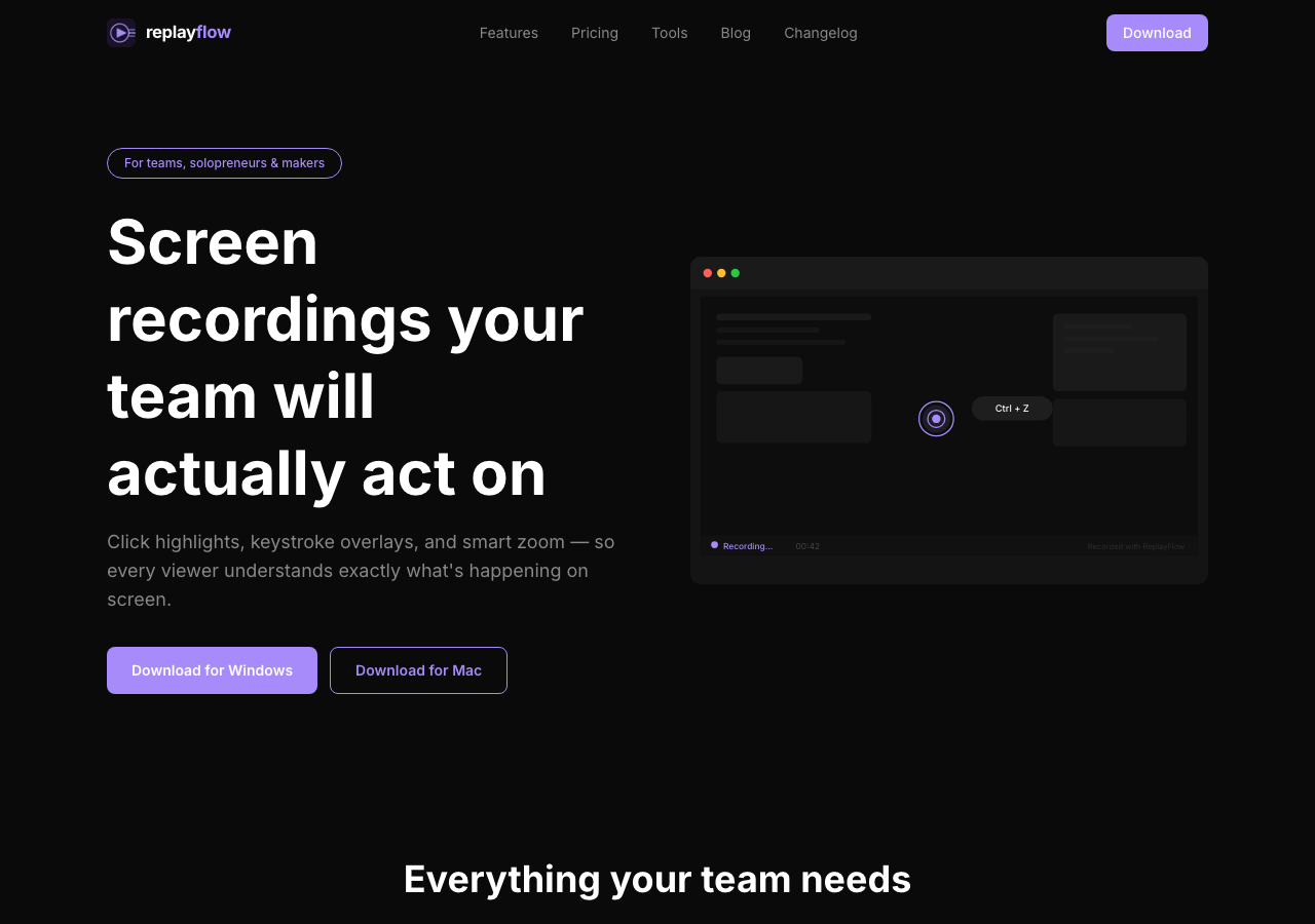 Screenshot of the public ReplayFlow website showing desktop recording features